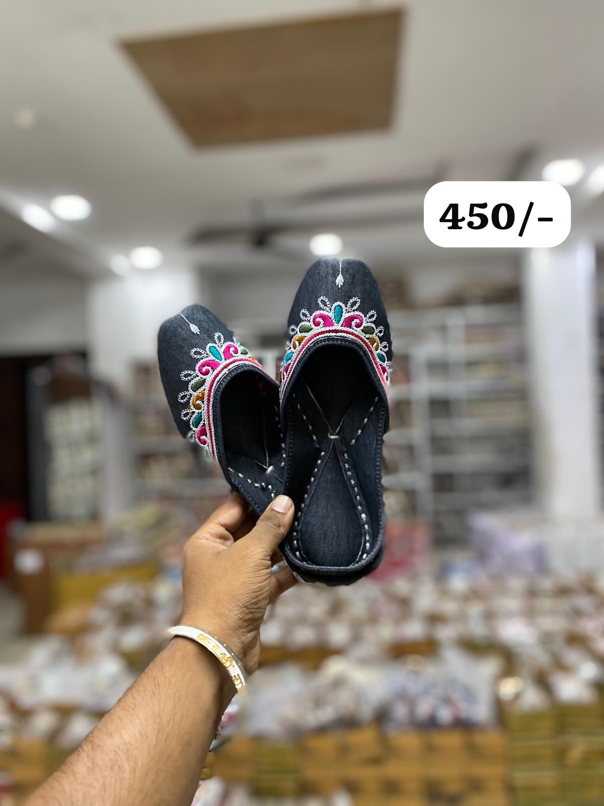 Denim juttis with phulkari work #450